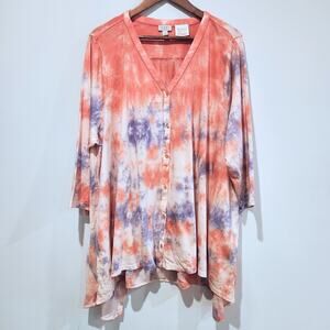 Logo Beach To Street Womens Pink Blue Tie Dye Button Up Blouse Size 2X Lagenlook